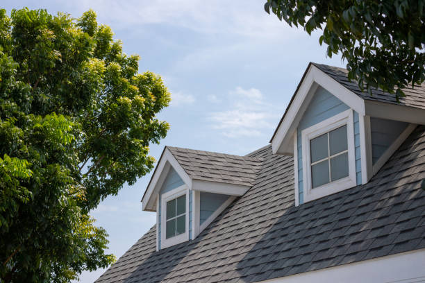 Roof shingles with garret house on top of the house among a lot of trees. dark asphalt tiles on the roof background. Roof shingles with garret house on top of the house among a lot of trees. dark asphalt tiles on the roof background. rooftop stock pictures, royalty-free photos & images