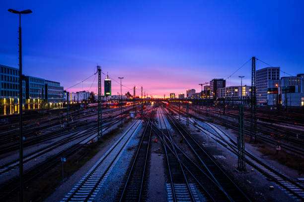 Railroad from Donnersberger Bridge in Munich at sunset.