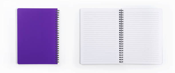 istock Business concept - Top view collection of spiral kraft notebook front, purple And white open page isolated on background for mockup 1212373486