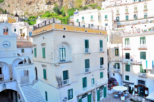 Atrani is a small town overlooking the Mediterranean sea along the Amalfi Coast.