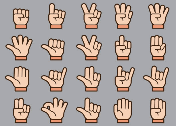 손 제스처 아이콘 세트 - number 1 human hand sign index finger stock illustrations