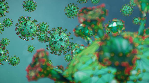 istock 3D illustration, abstract pathogen as a type of flu - H1N1, hepatitis viruses, influenza virus, flu, aids. Virus abstract background. Virus infects human cells. Infection causing chronic disease. 1212376629