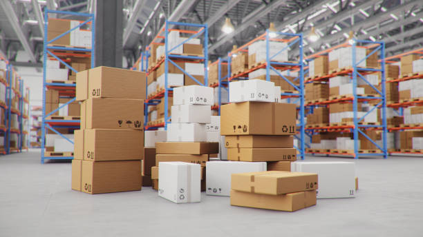 istock 3D Illustration packages delivery, parcels transportation system concept, heap of cardboard boxes in middle of the warehouse. Warehouse with cardboard boxes inside on pallets racks. Huge warehouse. 1212377967