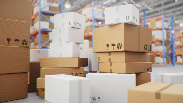 istock 3D Illustration packages delivery, parcels transportation system concept, heap of cardboard boxes in middle of the warehouse. Warehouse with cardboard boxes inside on pallets racks. Huge warehouse. 1212377968