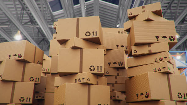 istock 3D Illustration packages delivery, parcels transportation system concept, heap of cardboard boxes in middle of the warehouse. Warehouse with cardboard boxes inside on pallets racks. Huge warehouse. 1212377970