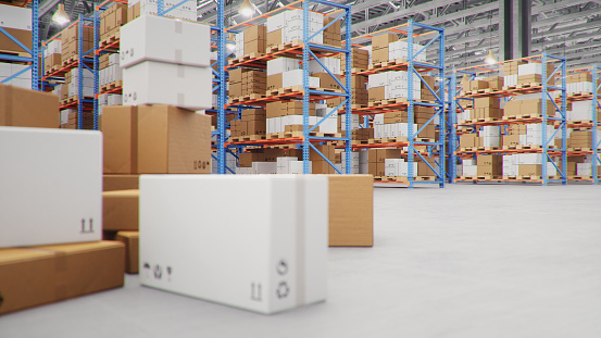 3D Illustration packages delivery, parcels transportation system concept, heap of cardboard boxes in middle of the warehouse. Warehouse with cardboard boxes inside on pallets racks. Huge warehouse