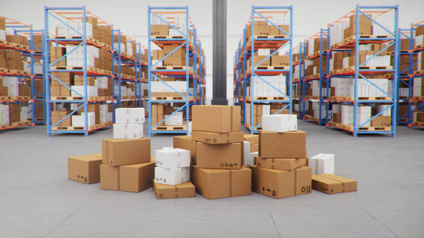istock Cardboard boxes in middle of the warehouse, logistic center. Huge modern warehouse. Warehouse filled with cardboard boxes on shelves, boxes stand on pallets. Transportation system, 3D Illustration 1212377974