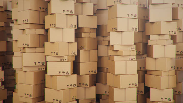 istock Background of cardboard boxes inside warehouse, logistic center. Warehouse filled with cardboard boxes. Mess in the warehouse, 3D illustration 1212377979