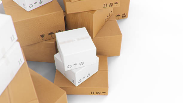 istock Pile, heap of cardboard boxes isolated on a white background. Cardboard boxes for the delivery of goods. Packages delivery, parcels transportation system concept, 3D illustration 1212377983