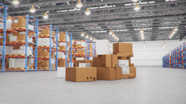 istock 3D Illustration packages delivery, parcels transportation system concept, heap of cardboard boxes in middle of the warehouse. Warehouse with cardboard boxes inside on pallets racks. Huge warehouse. 1212377987