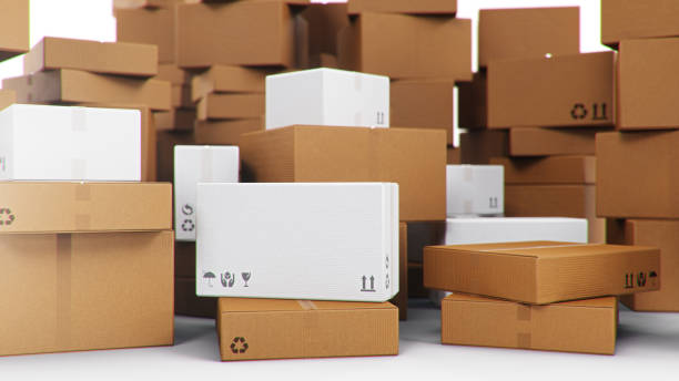 istock Pile, heap of cardboard boxes isolated on a white background. Cardboard boxes for the delivery of goods. Packages delivery, parcels transportation system concept, 3D illustration 1212378003