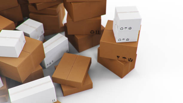 istock Pile, heap of cardboard boxes isolated on a white background. Cardboard boxes for the delivery of goods. Packages delivery, parcels transportation system concept, 3D illustration 1212378056