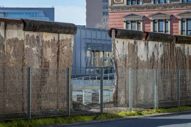 Photo of Berlin wall remains, formely guarded concrete barrier that physically and ideologically divided Berlin