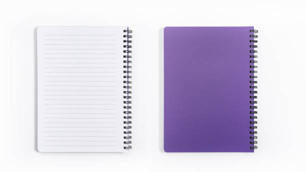 istock Business concept - Top view collection of spiral kraft notebook front, purple And white open page isolated on background for mockup 1212378861