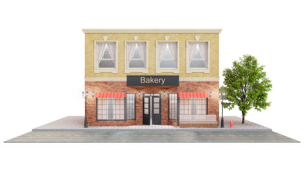 bakery or shop with delicious pastries. exterior of a building near the road on a white background. view from street is a bench with a garbage bin, street lights and a beautiful tree, 3d illustration - miniature city isolated imagens e fotografias de stock