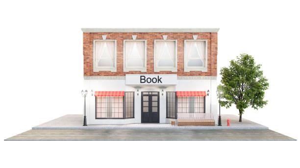 Bookstore or library. Exterior of a building near the road on a white background. The view from the street is a bench with a garbage bin, street lights hydrant and a beautiful tree, 3d illustration Bookstore or library. Exterior of a building near the road on a white background. The view from the street is a bench with a garbage bin, street lights hydrant and a beautiful tree. 3d illustration store wall surrounding wall facade stock pictures, royalty-free photos & images