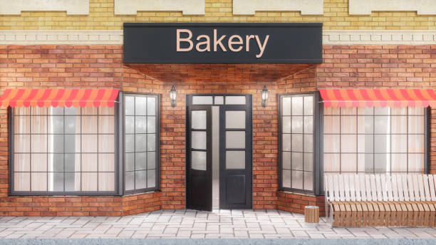 Bakery or shop with delicious pastries. Exterior of a building near the road - front view. View from street is a bench with a garbage bin, street lights, 3d illustration Bakery or shop with delicious pastries. Exterior of a building near the road - front view. View from street is a bench with a garbage bin, street lights. 3d illustration biscuit quick bread stock pictures, royalty-free photos & images