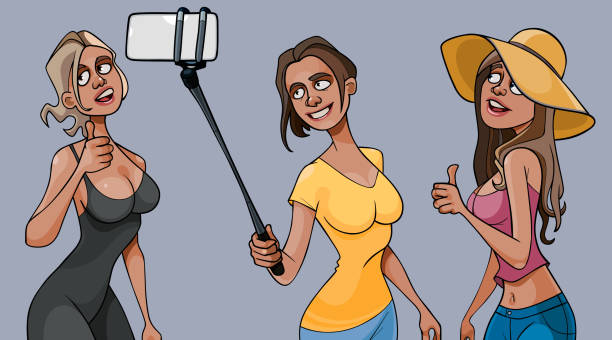 ilustrações de stock, clip art, desenhos animados e ícones de cartoon smiling girls taking selfie pictures of themselves - three people women teenage girls friendship