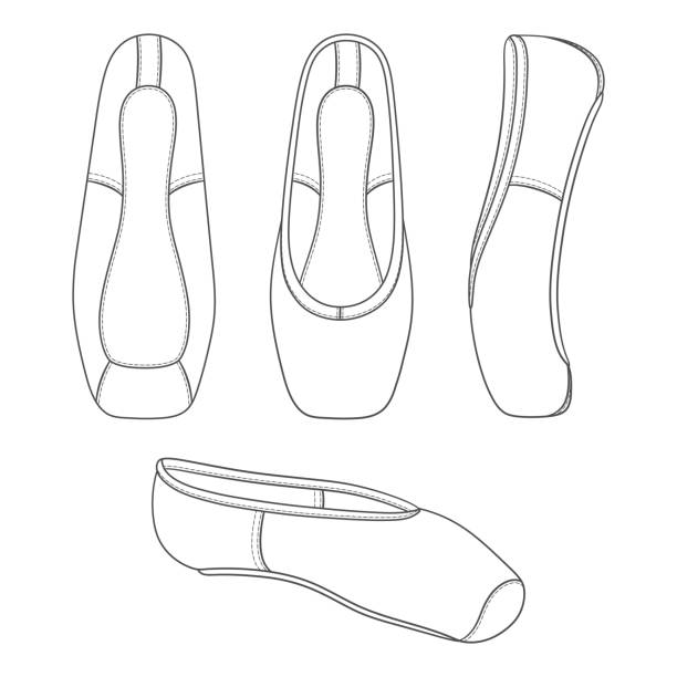 illustrations, cliparts, dessins animés et icônes de ensemble d’illustrations en noir et blanc avec des chaussures pointe, chaussures de ballet. objets vectoriels isolés. - round toe shoes