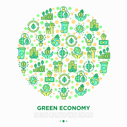 Green economy concept in circle with thin line icons: financial growth, green city, zero waste, circular economy, green politics, anti-globalism, global consumption. Vector illustration for environmental issues.