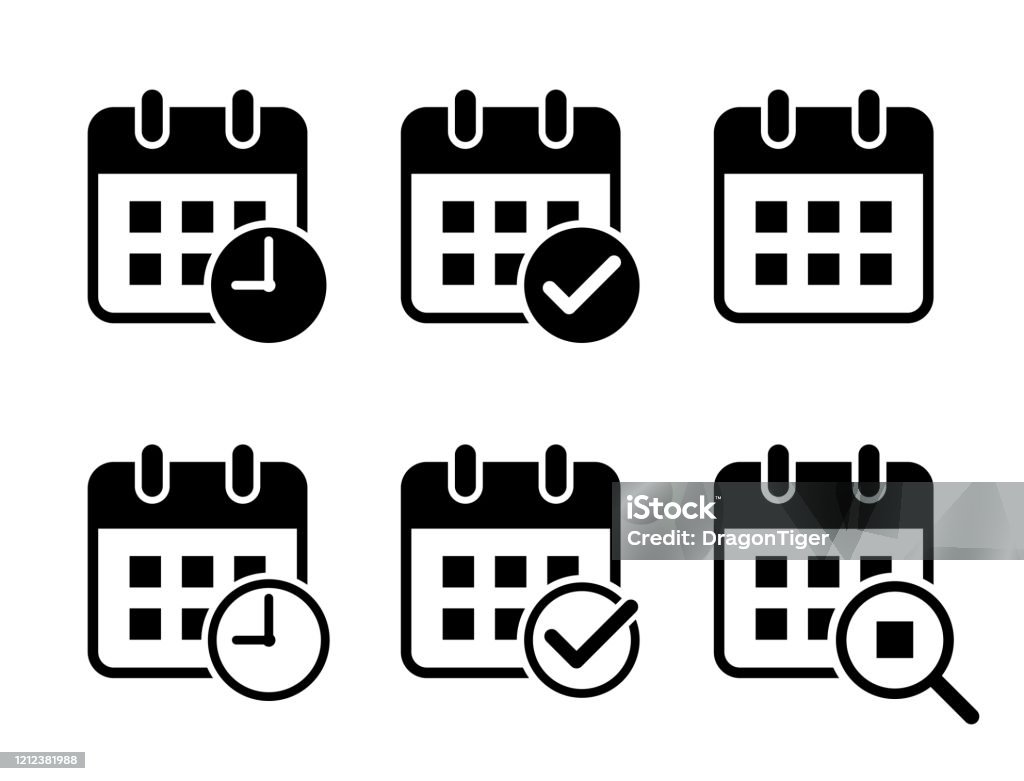 플랫 디자인 캘린더 아이콘 세트(체크 표시, 시계, 돋보기 추가) - 로열티 프리 아이콘 벡터 아트