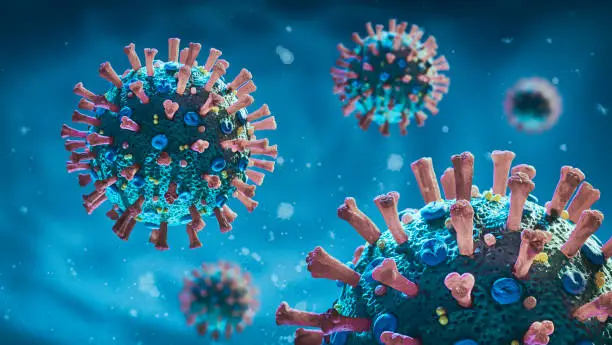 Microscopic real 3D model of the corona virus COVID-19. The image is a scientific interpretation of the virus with all relevant details : Spike Glycoproteins, Hemagglutinin-esterase, E- and M-Proteins and Envelope.
