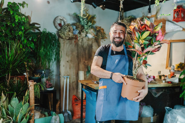 jardinero sonriente trabajando con flores en el centro del jardín - florist fotografías e imágenes de stock