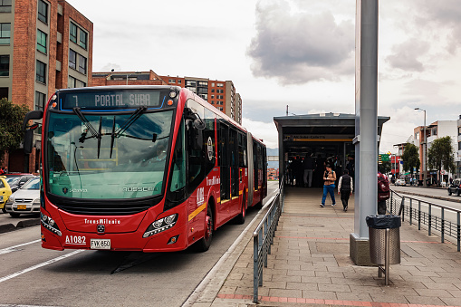 New Transmilenio system bus at Shaio station on Suba avenue, Bogotá Colombia, February 12, 2020