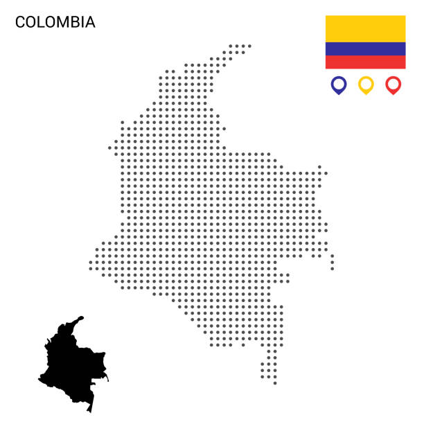 ilustraciones, imágenes clip art, dibujos animados e iconos de stock de mapa vectorial de colombia. manchas grises redondas. mapa de colombia con bandera nacional e iconos de mapa - colombia map