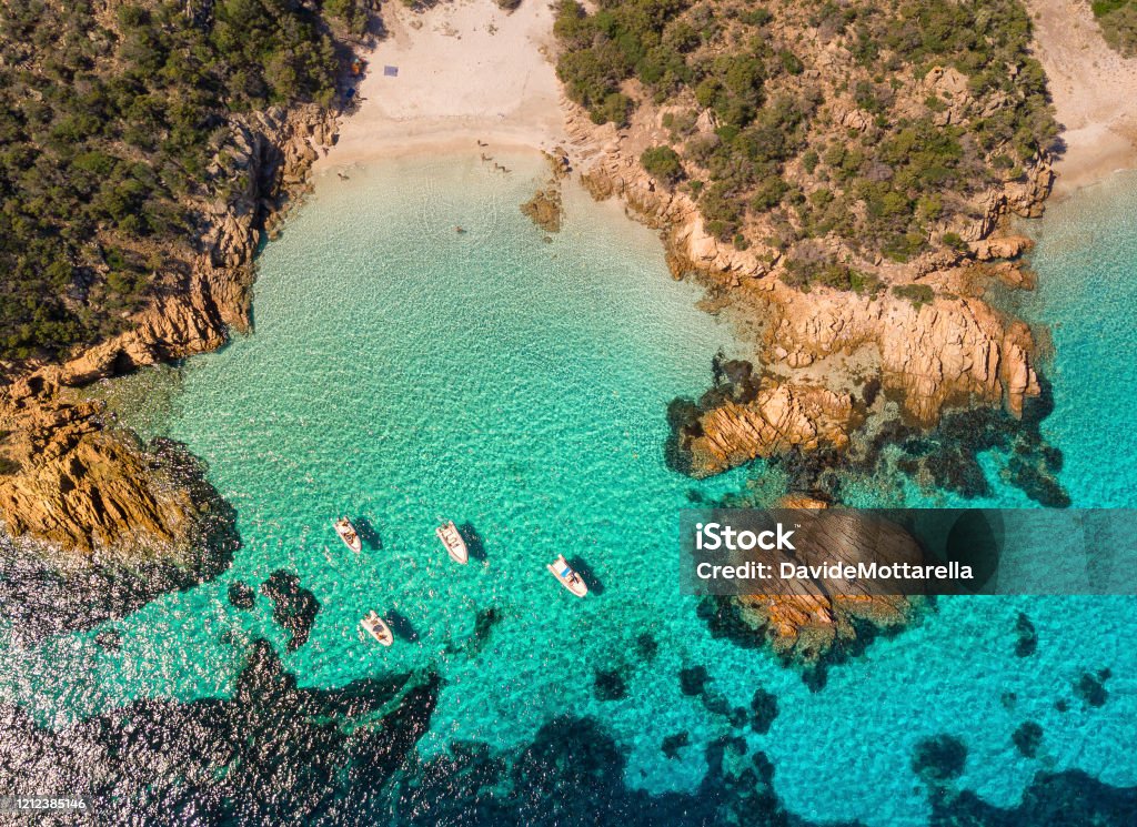 The archpleago of the Magdalene from above Photo taken with the drone of the Maddalena archipelago in September 2019 Sardinia Stock Photo