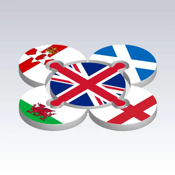 Vector illustration of Puzzle 3D from Great Britain flags on gray background. United Kingdom Flags Puzzle isometry. Set of 3D puzzles with flags of England, Scotland, Wales, Northern Ireland. UK. EPS10.