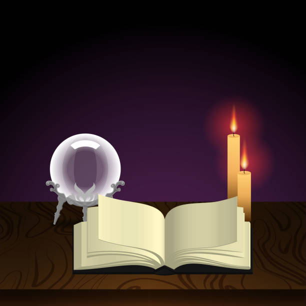 ilustrações, clipart, desenhos animados e ícones de mesa de madeira bruxa ou bruxo, com livro de feitiços e esfera de cristal mágica. - book open magic bible