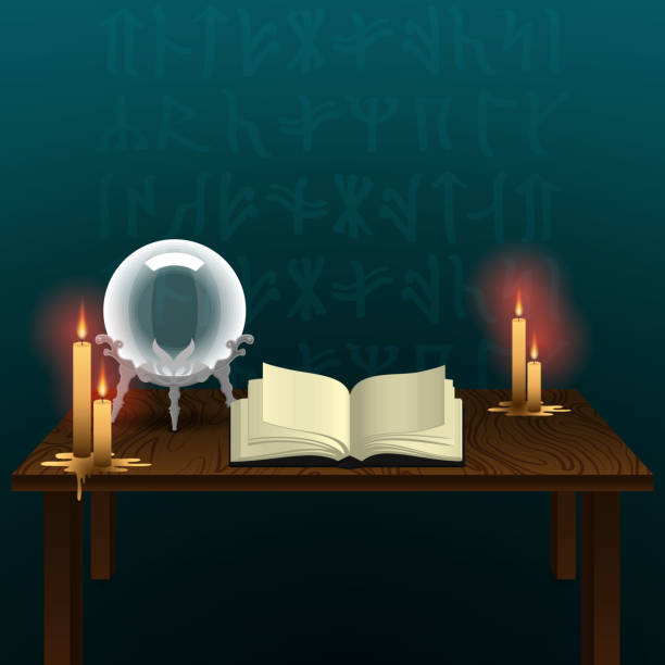 ilustrações, clipart, desenhos animados e ícones de mesa de madeira bruxa ou bruxo, com livro de feitiços e magia - book open magic bible