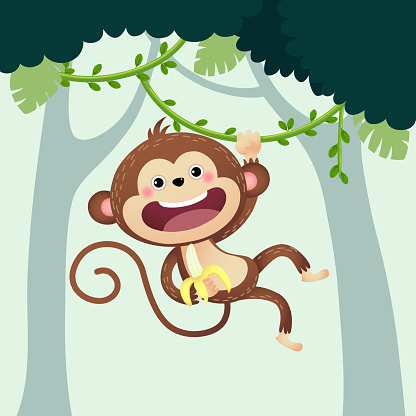 Vector Illustration Cartoon Monkey With A Banana Hanging From Liana In The  Jungle Stock Illustration - Download Image Now - iStock