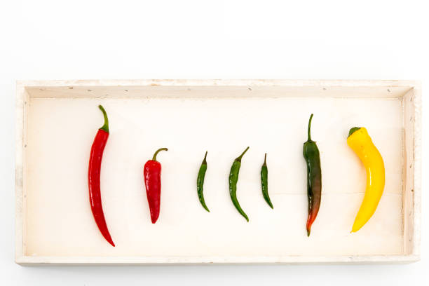 Selection of red, yellow and green peppers arranged on a wooden serving board on a white background.