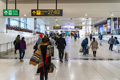 NEW DELHI, INDIA - feb 6th 2020: Interior of Indira Gandhi International Airport New Delhi. The airport is the busiest airport in the country since 2009.