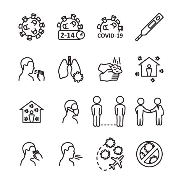 Coronavirus line icon set. Prevention, transmition, advice ant other. Covid-19 virus icon set. Vector. Coronavirus line icon set. Prevention, transmition, advice ant other. Covid-19 virus icon set. Vector. eps10. one point perspective person stock illustrations