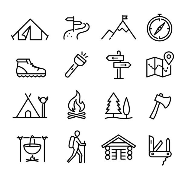 Hiking And Camping Icons Collection of outdoor and camping icons table moutain stock illustrations