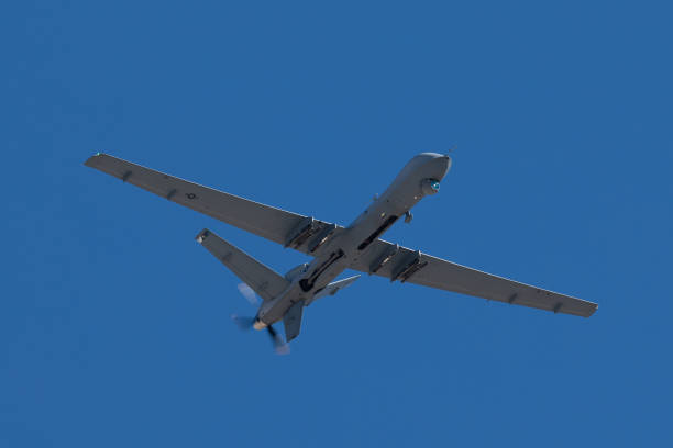 mq-9 사신 (군사 uav)의 가까운 보기 - 무인 항공기 뉴스 사진 이미지