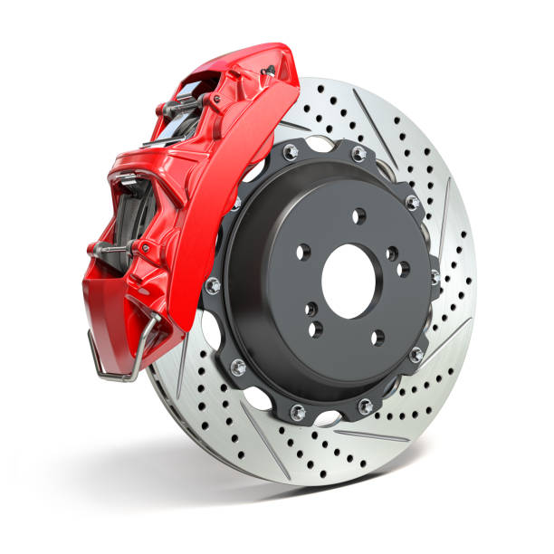 istock Braking system. Car brake disk with caliper isolated on white background. 1212395070