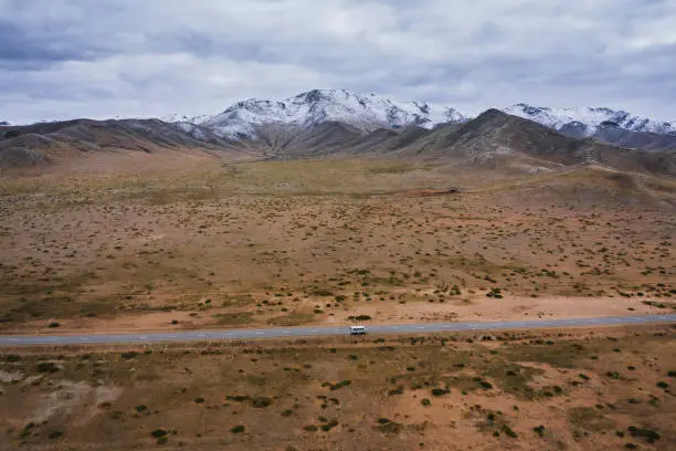 Aerial view of road on the background of mountains in Mongolia