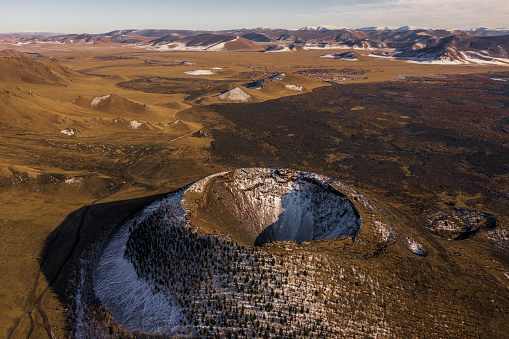 Scenic aerial  view of volcano in Mongolia at sunset