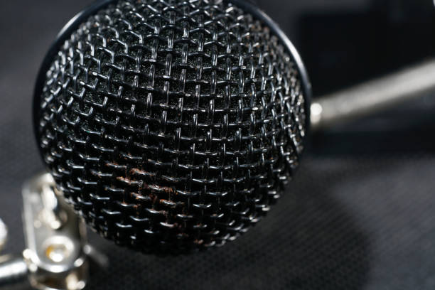 istock Microphones with wire mesh network photographed in the studio with flash light 1212395904