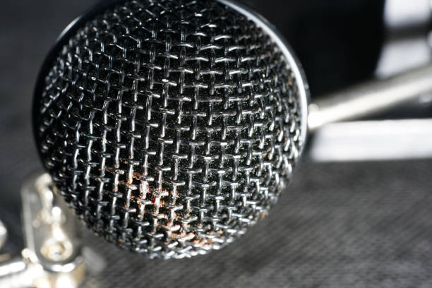 istock Microphones with wire mesh network photographed in the studio with flash light 1212396095