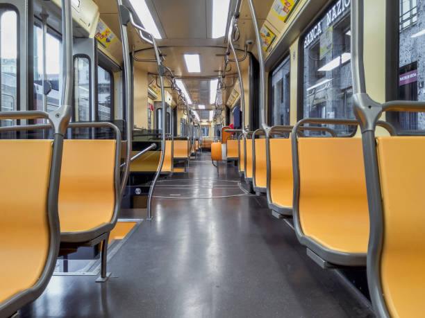 pubblic tram is empty tram empty during the coronavirus moment in Milano. window seat vehicle stock pictures, royalty-free photos & images