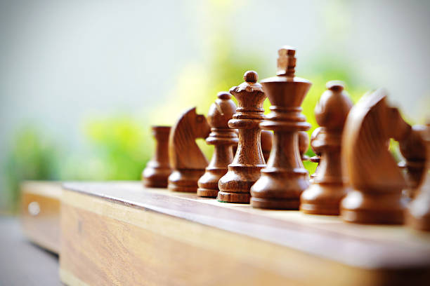 istock Lined up brown coloured wooden chess pieces over a chessboard 1212397164
