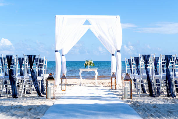 istock Blue themed wedding setup at the white sandy beach. Romantic getaway wedding 1212399389