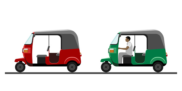 Side view of auto rickshaw vehicle with and without driver isolated on white background. Tuk-tuk icon. Vector illustration