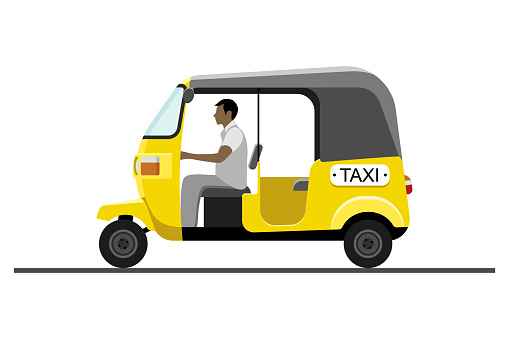 Auto rickshaw vehicle for hire isolated on white background. Tuk-tuk taxi service icon. Vector illustration