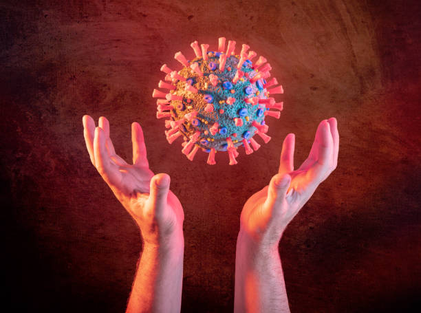 istock Hands catching COVID-19 Corona Virus floating microscopic macro mockup 1212400016